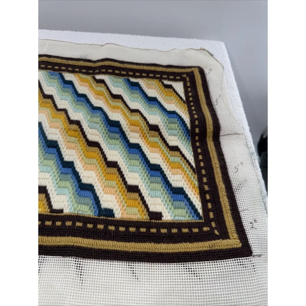 Vintage Needlepoint Unfinished Square Geometric Design Pillow or Framed Art
